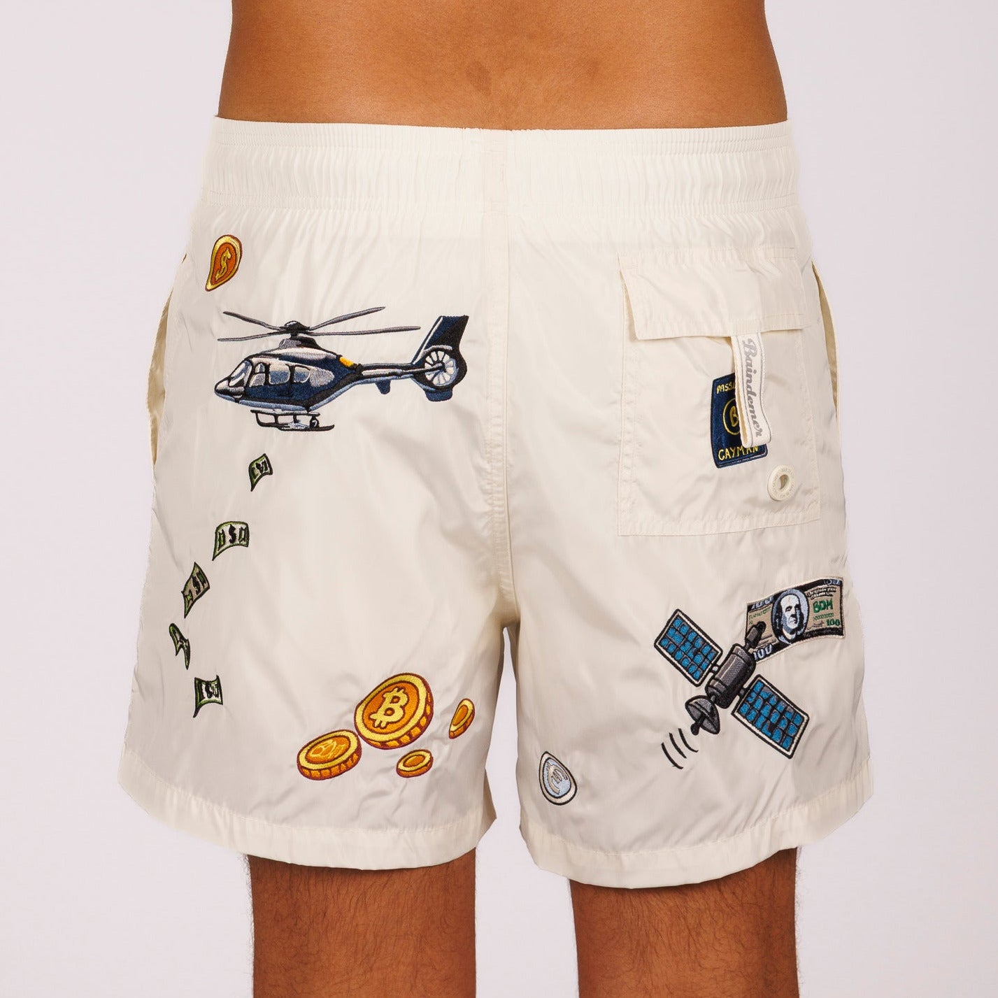 Off-white swim shorts back view with illustrated graphic
