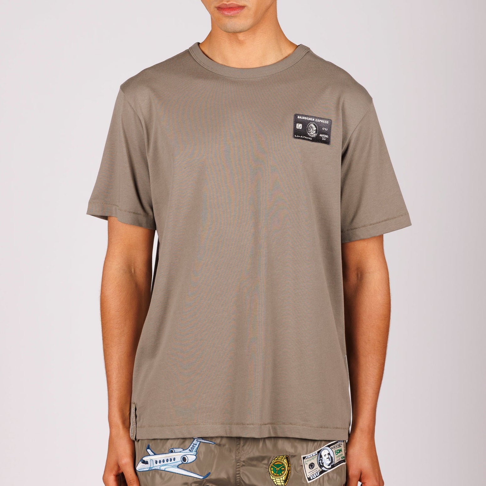 Khaki T-shirt front view with illustrated graphic