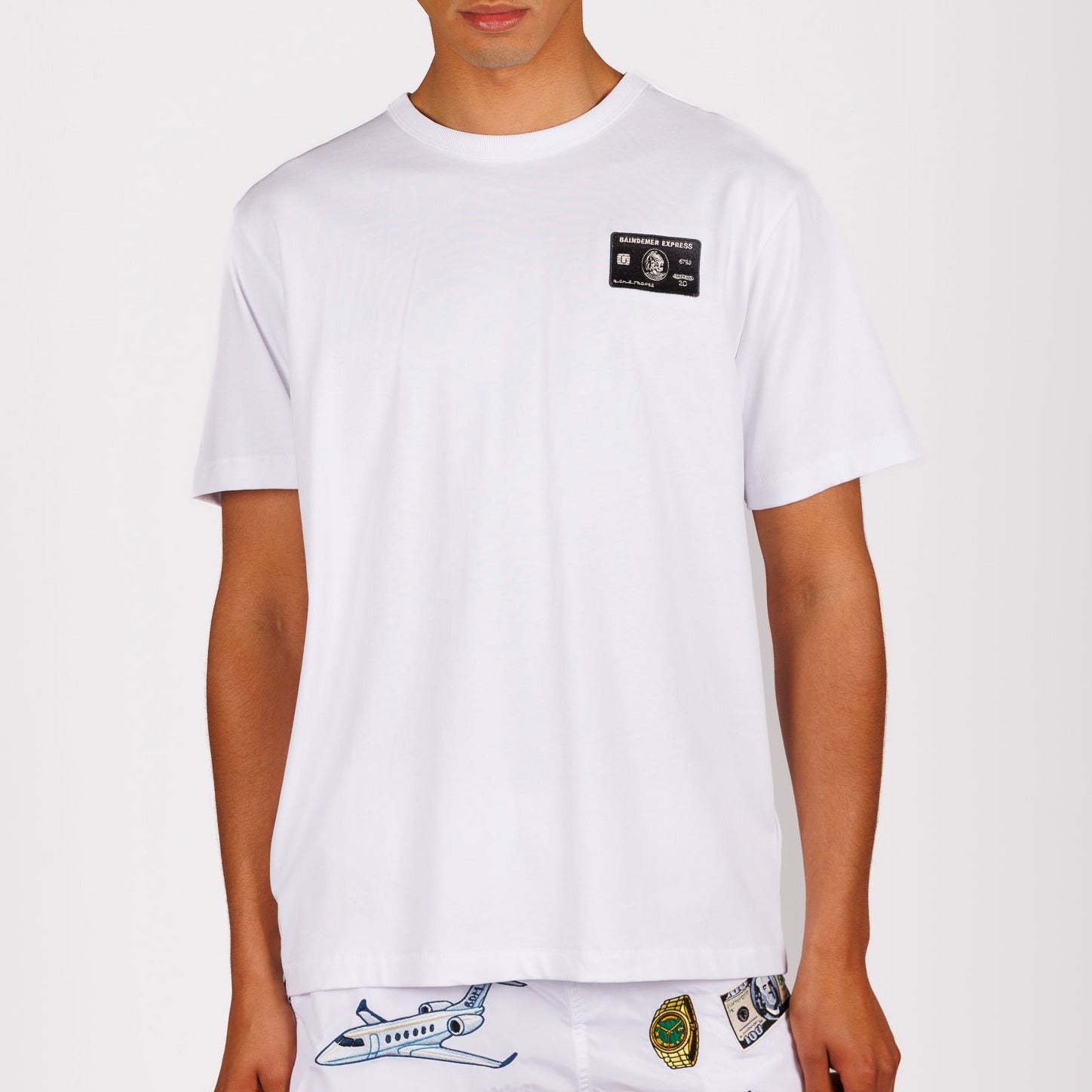 White T-shirt front view with illustrated graphic