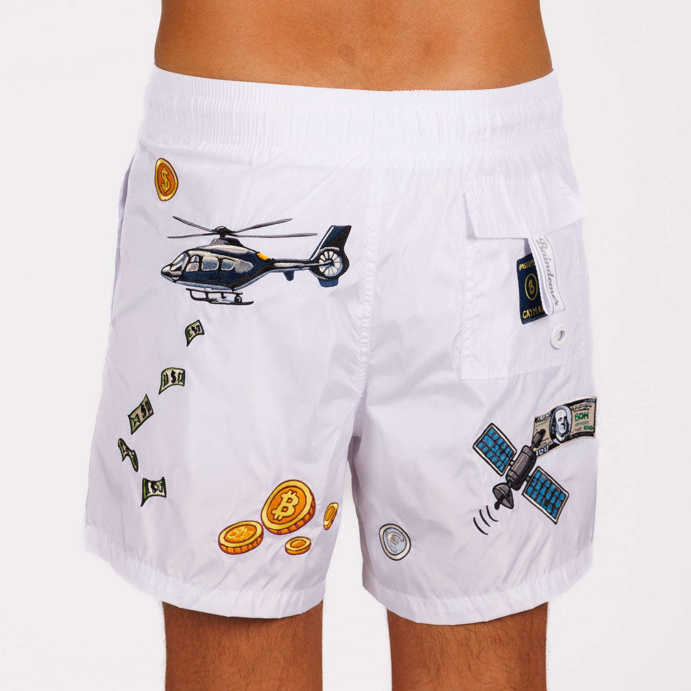 White swim shorts back view with illustrated graphic