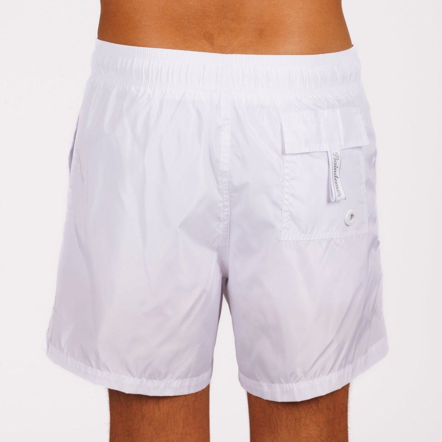 White swim shorts back view with back pocket
