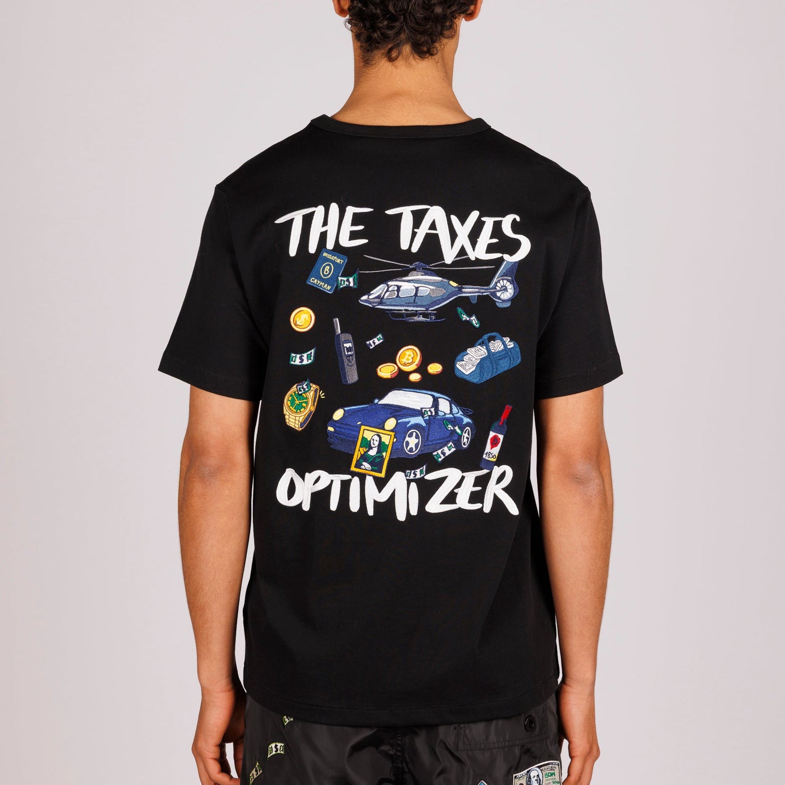 Black T-shirt back view with illustrated graphic and “The taxes optimizer” text