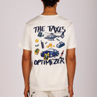 Off-white T-shirt back view with illustrated graphic and “The taxes optimizer” text