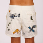 Off-white swim shorts back view with illustrated graphic