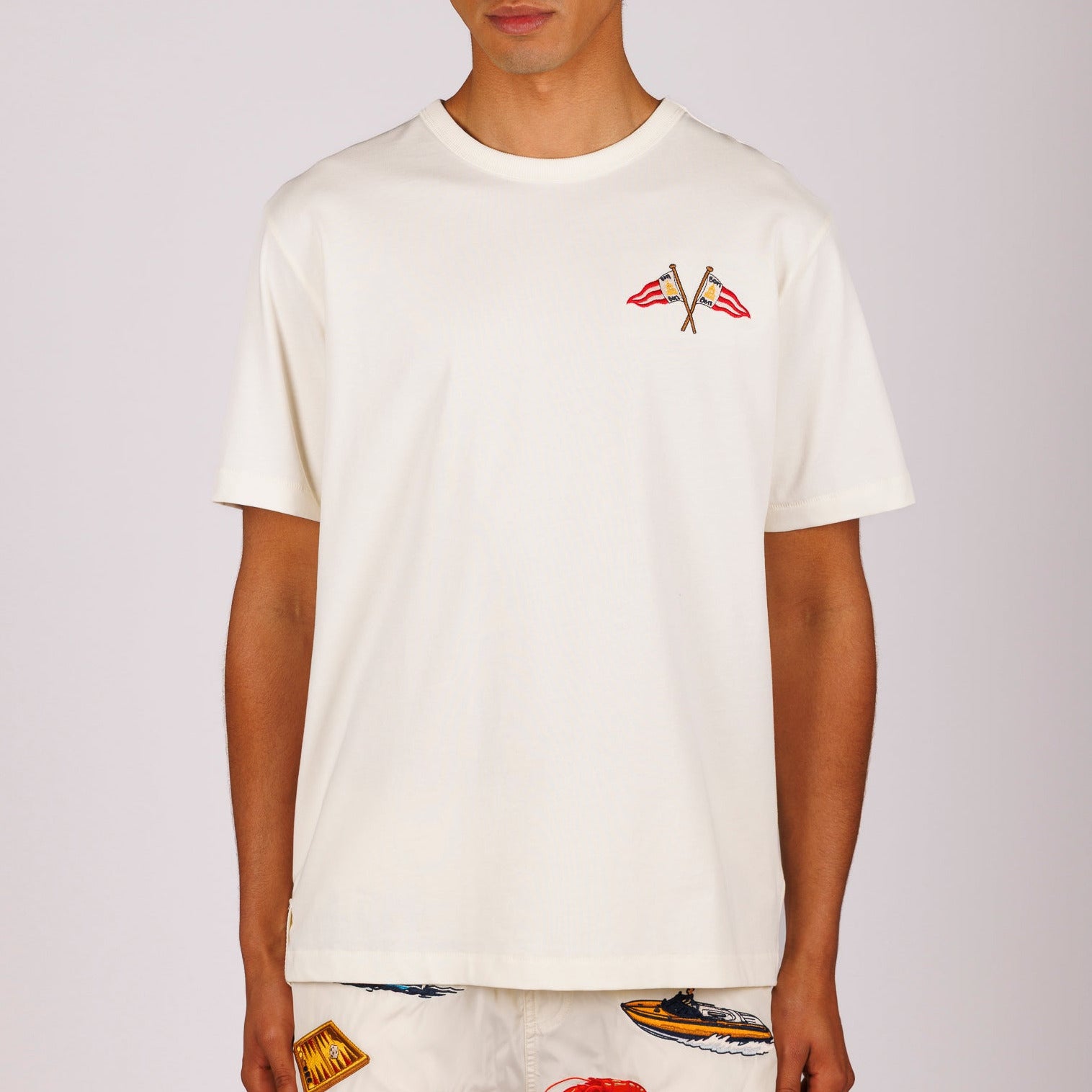 White T-shirt front view with illustrated graphic