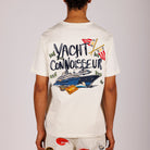 Off-white T-shirt back view with illustrated graphic and “Yacht connoisseur” text