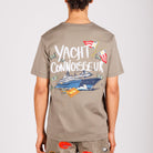 Khaki T-shirt back view with illustrated graphic and “Yacht connoisseur” text