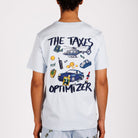 Light blue T-shirt back view with illustrated graphic and “The taxes optimizer” text