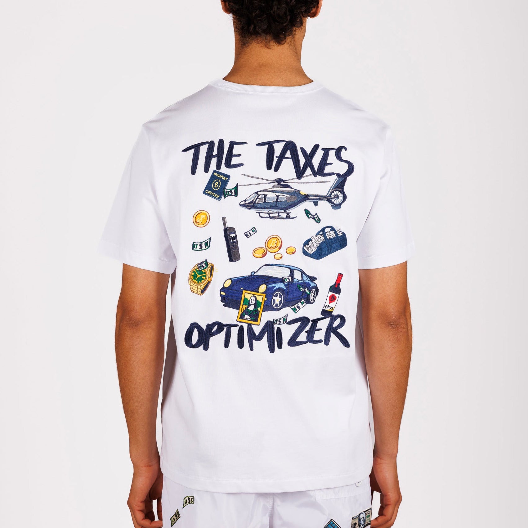 White T-shirt back view with illustrated graphic and “The taxes optimizer” text