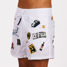 White swim shorts side view with illustrated graphic