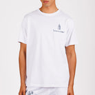 White T-shirt front view with illustrated graphic and text