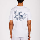 White T-shirt back view with illustrated graphic and “BDM sport 18” text