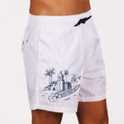 White swim shorts side view with illustrated graphic and “BDM Sport 18” text