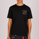 Black T-shirt front view with “Champagne final boss” text