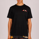 Black T-shirt front view with illustrated graphic