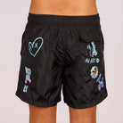 Black swim shorts back view with illustrated graphic