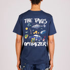 Navy blue T-shirt back view with illustrated graphic and “The taxes optimizer” text