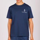 Navy blue T-shirt front view with illustrated graphic and text