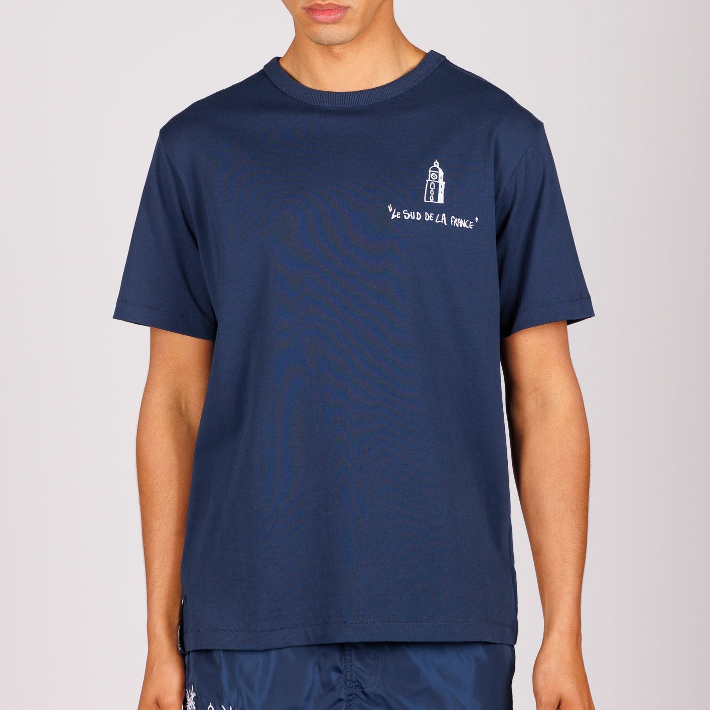 Navy blue T-shirt front view with illustrated graphic and text