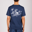 Navy blue T-shirt back view with illustrated graphic and “BDM sport 18” text