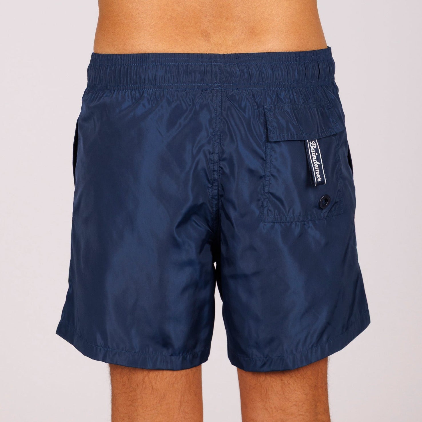 Navy blue swim shorts back view with back pocket