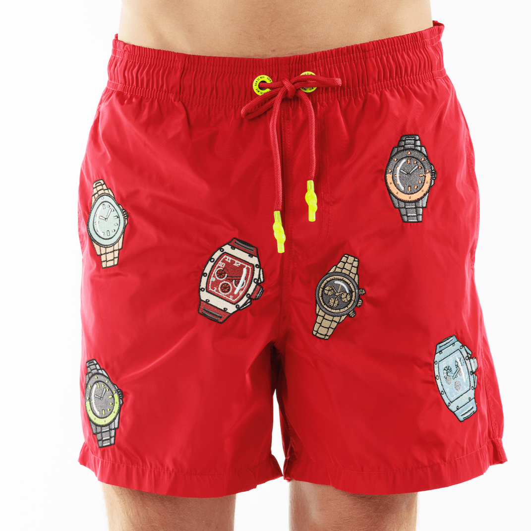 Red designer 2025 swim shorts
